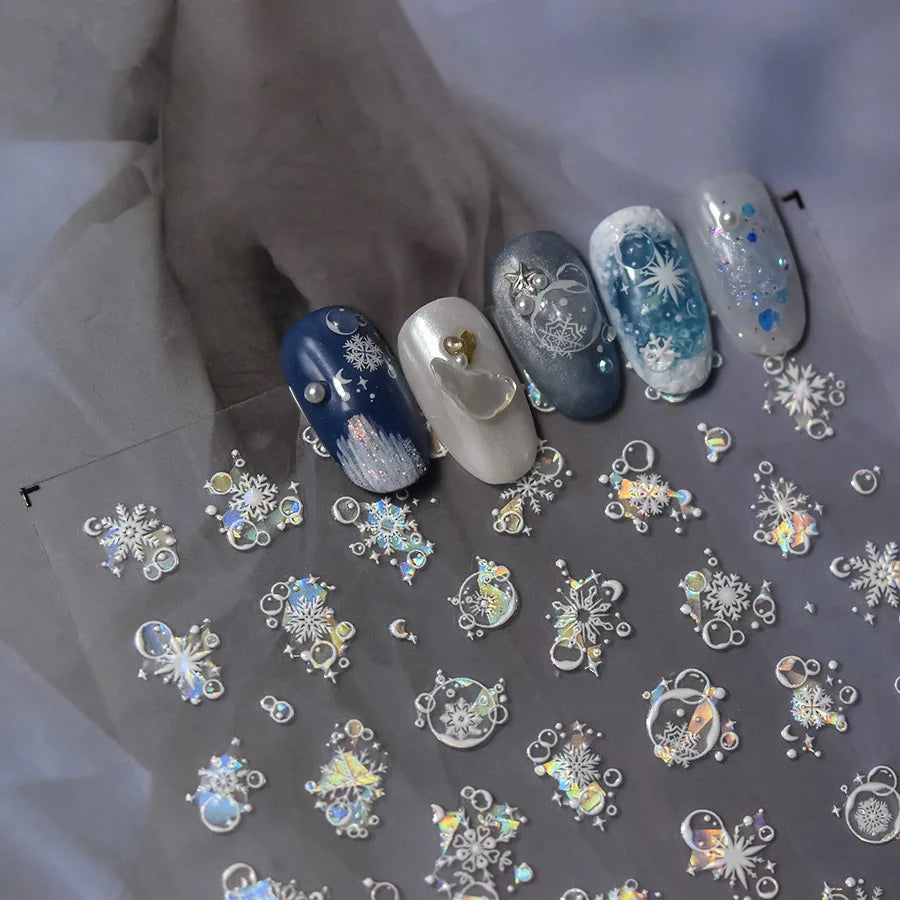 Shiny White Pink Blue Gold Snowflakes Hexagon Water Bubbles Winter 5D Self Adhesive Nail Art Stickers Rhinestone Manicure Decals (ONLINE ORDER ONLY)