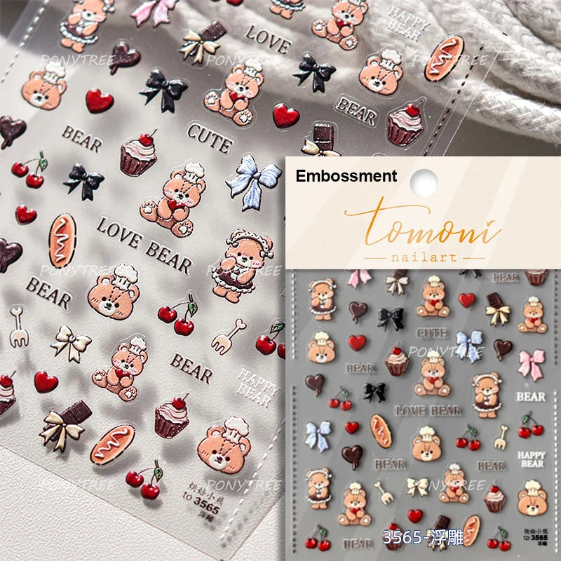 Cute Bear Teddy Birthday Party Maillard Bear Cake Flower Bouquet Lucky Love Heart 5D Adhesive Nail Art Sticker Manicure Decals (Online Order Only)