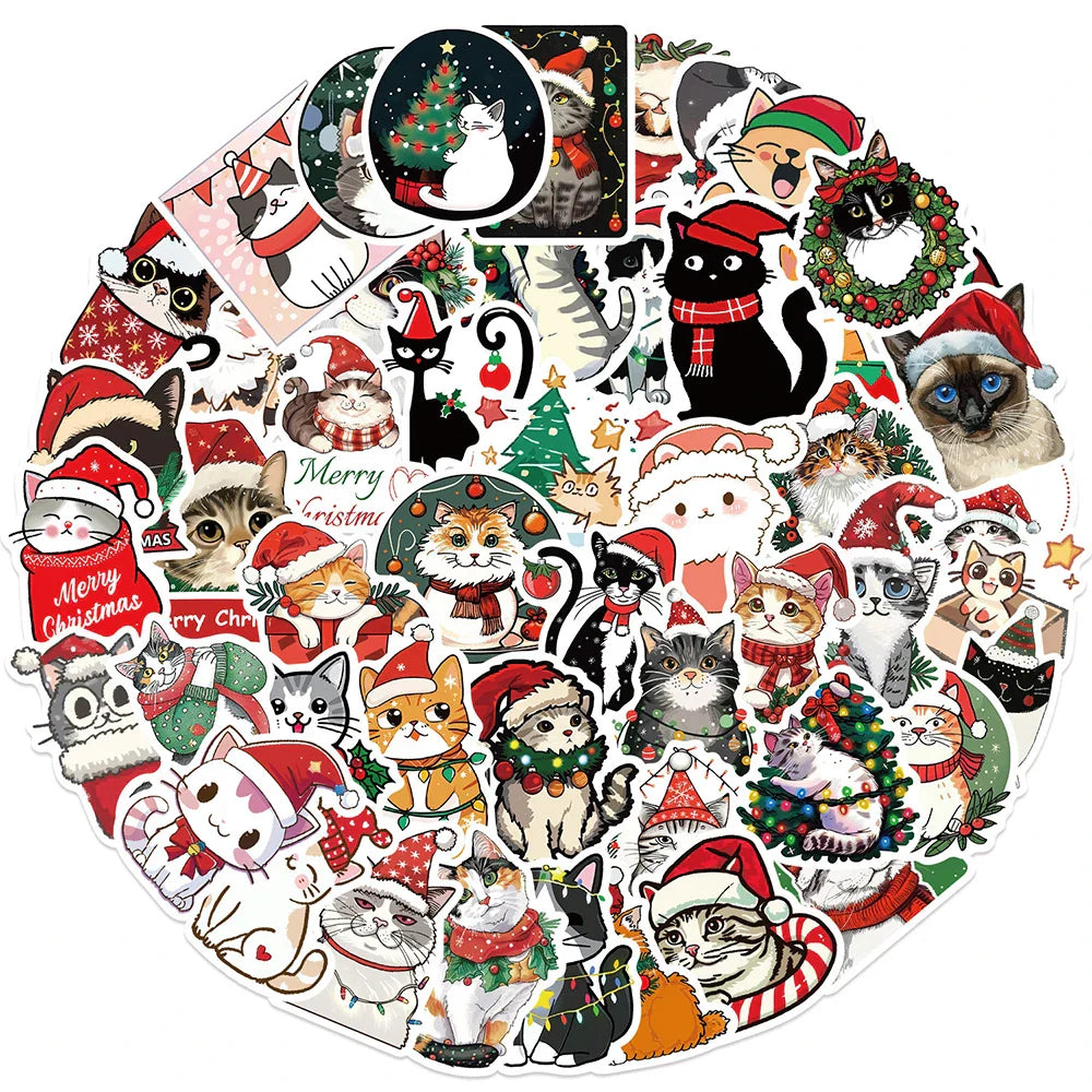 Christmas Cat Stickers 10/30/50pcs Waterproof Decals for Kids Laptop Phone Bike Suitcase (ONLINE ORDER ONLY)