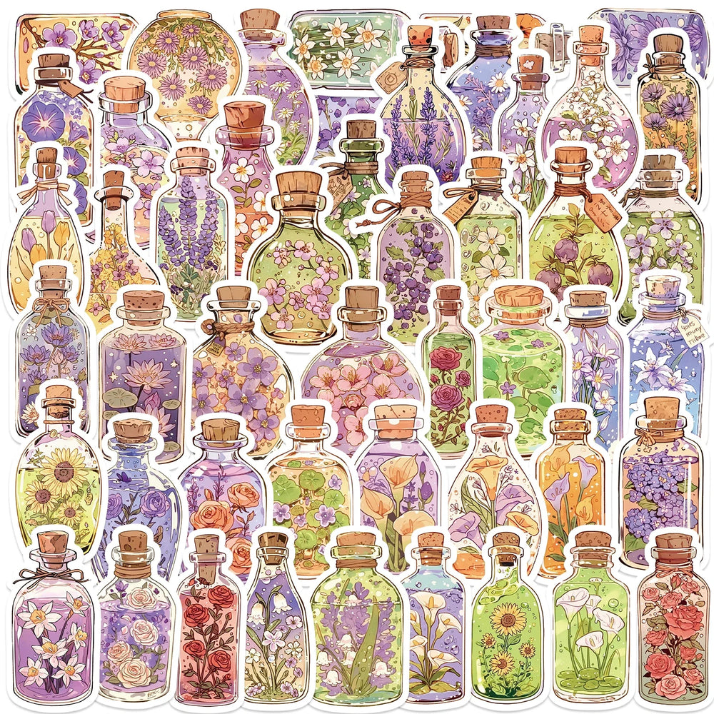 50pcs Colorful Fantasy Glass Flower Stickers Scrapbooking Decorative DIY Stationery Waterproof Journals Notebooks (Online Order Only)