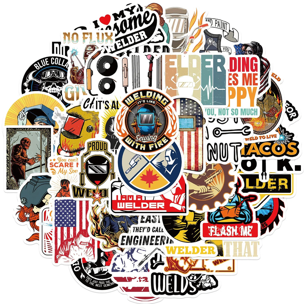 50PCS Mixed Welding Welder Graffiti Stickers For DIY Luggage Skateboard Waterproof DIY Cool Cartoon Decal Sticker Toys Gift (ONLINE ORDER ONLY)