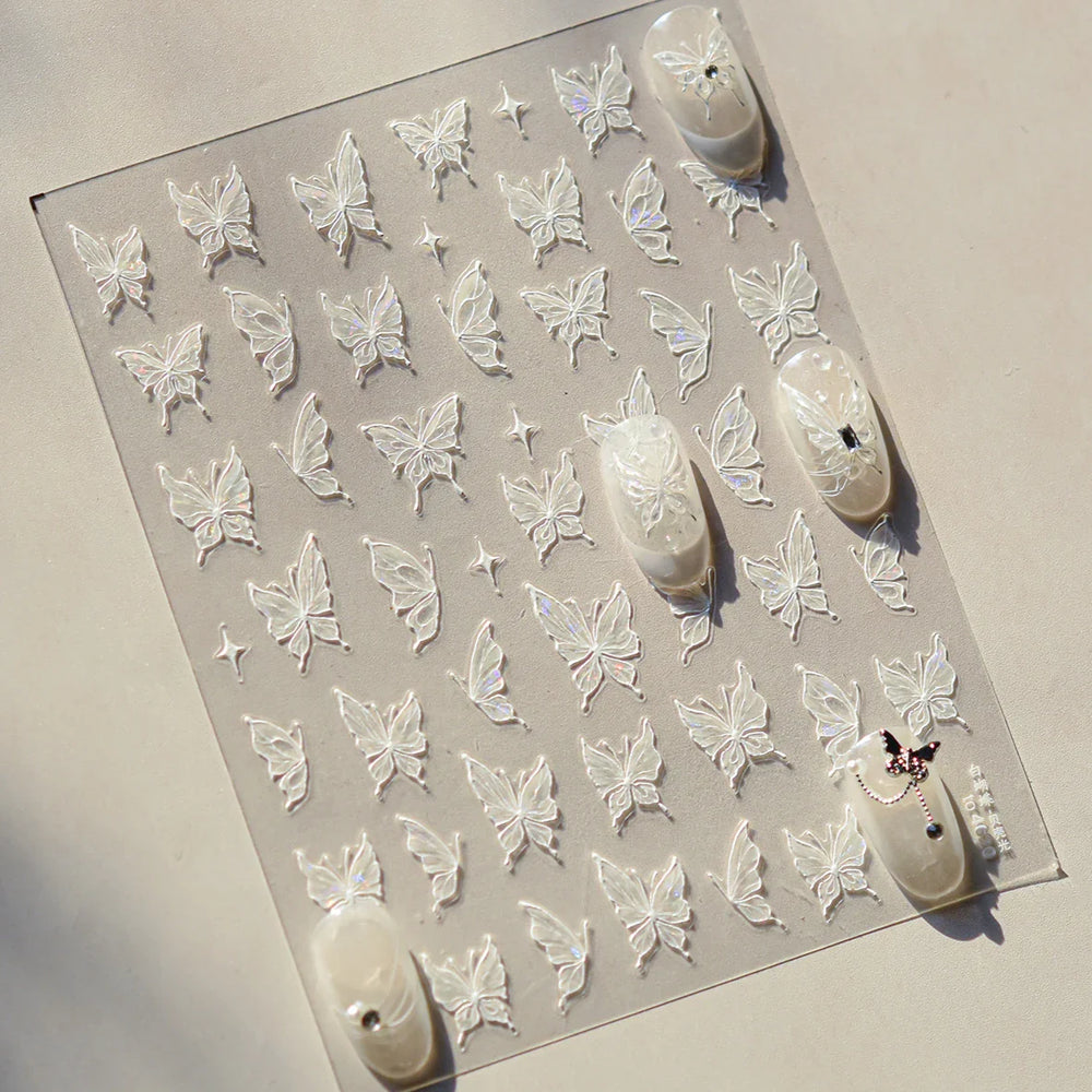 Chic Beautiful White Butterfly Shiny Lace Star Adhesive Nail Art Stickers Animals Charm Snowflake Manicure Decals Nail Supplies (Online Order Only)