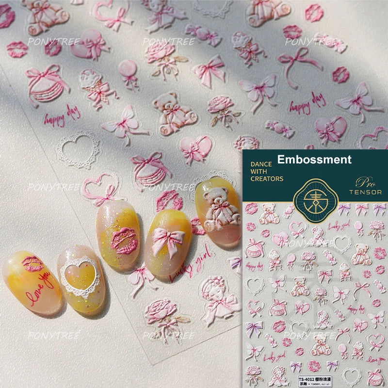 Sweet Dessert Cute Bear Cake Apple Flower Strawberry Jam Lace Line Bear Footprints Adhesive Nail Art Stickers Manicure Decals (ONLINE ORDER ONLY)