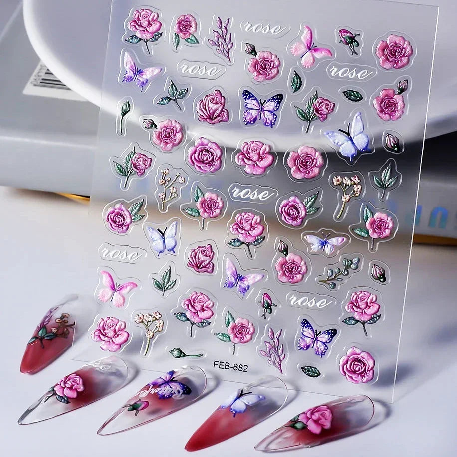Red Plum Blossom Flower Chinese 3D Self Adhesive Nail Art Decoration Stickers Cheongsam Iris Lily Lotus Vase 5D Manicure Decals (ONLINE ORDER ONLY)
