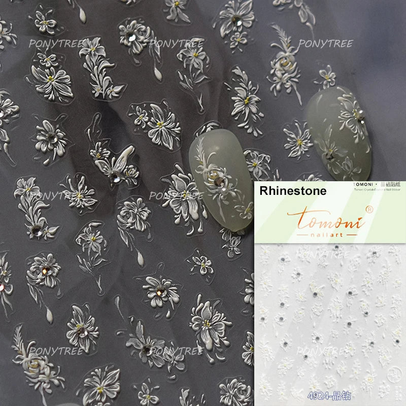 Wet Garden White Flower Leaves Elegant Beautiful Petal Delicate 5D 3D Charming Spring Adhesive Nail Art Stickers Manicure Decals (ONLINE ORDER ONLY)