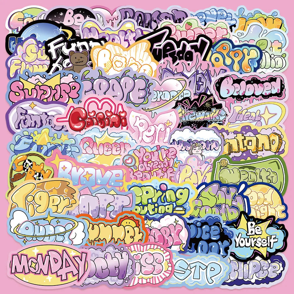 50pcs Graffiti Letter Stickers for Helmets, Walls, DIY Decor (ONLINE ORDER ONLY)