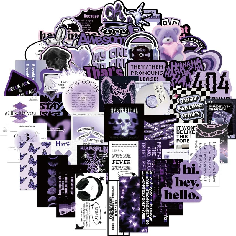10/30/60PCS INS Purple Black PVC Sticker Aesthetic DIY Decoration Scrapbooking Stationery Hand Accounting Supplies for Kids (ONLINE ORDER ONLY)