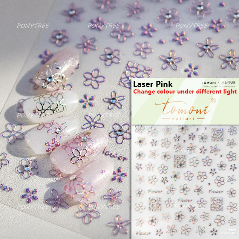 Hot Stamping Laser Silver Pink White Flower Rhinestone Pearl Irregular Petal Adhesive Nail Art Decoration Sticker Manicure Decal (ONLINE ORDER ONLY)