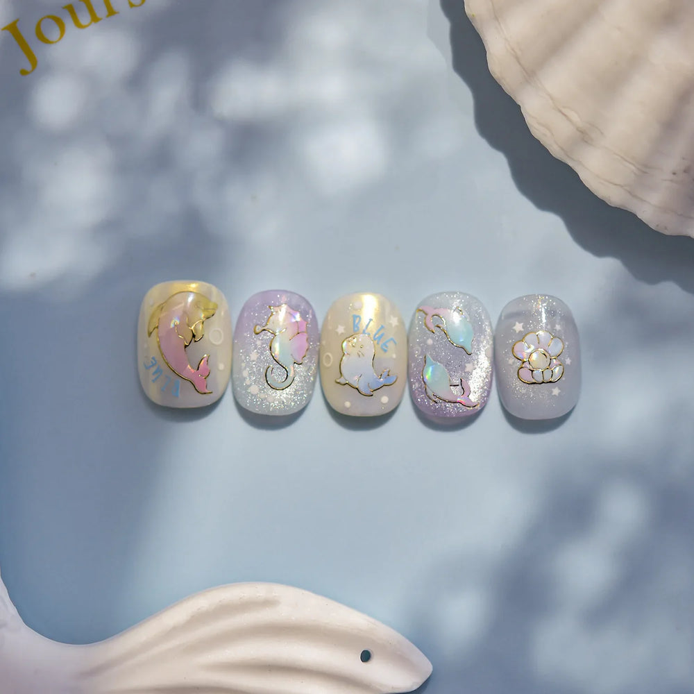 Colored Whale Seahorse Shell Crab Otter Pearl Oyster Starfish Ocean Dreamy Adhesive Nail Art Stickers Manicure Decals Wholesale (ONLINE ORDER ONLY)