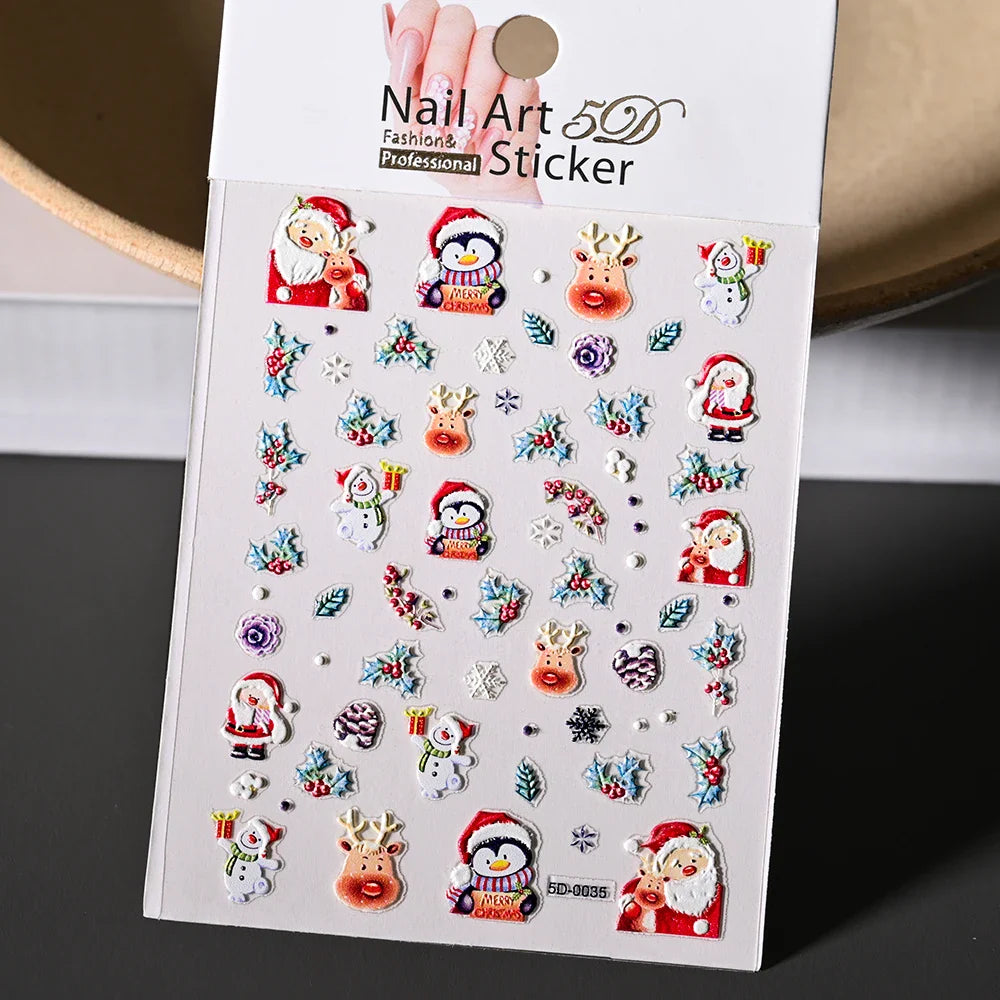Cute Deer Christmas Nail Stickers 5D Embossed Elk Star Gingerbread Man Snowflake Santa Claus Holly DIY Winter Engraved Manicure* (ONLINE ORDER ONLY)