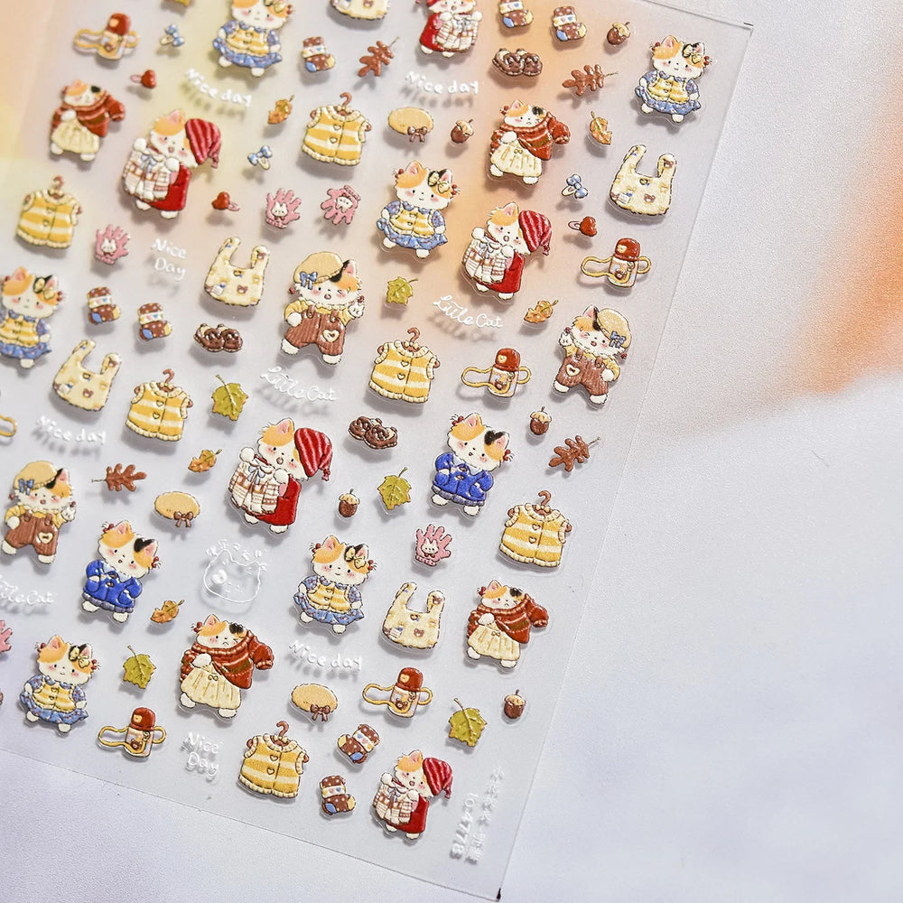 Sweater Glovesvacuum Cup Milk Fallen Leaves Kitten Adhesive Nail Art Stickers Warm Suitpinecone Kitchenware Cat Manicure Decals (ONLINE ORDER ONLY)