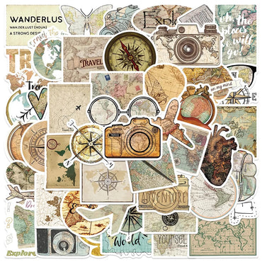 10/50Pcs Vintage World Map Travel Camping Stickers Aesthetic PET Graffiti Decals For Laptop Phone Luggage Skateboard Car Sticker (Online Order Only)