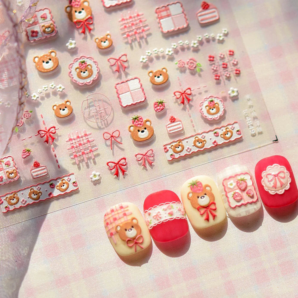 Lovely Bear Strawberry Cake Rose Flower Grid Block Bowknot Embossed Relief Self Adhesive Nail Art Sticker Cute 3D Manicure Decal (ONLINE ORDER ONLY)