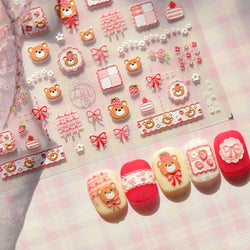 Lovely Bear Strawberry Cake Rose Flower Grid Block Bowknot Embossed Relief Self Adhesive Nail Art Sticker Cute 3D Manicure Decal (ONLINE ORDER ONLY)