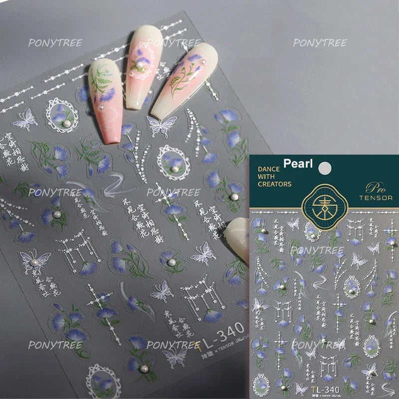 Mountain Flower Peach Blossom Vibrant Flowers Green Leaves Antique Chic Self Adhesive Nail Art Stickers Spring 3D Manicure Decal (ONLINE ORDER ONLY)