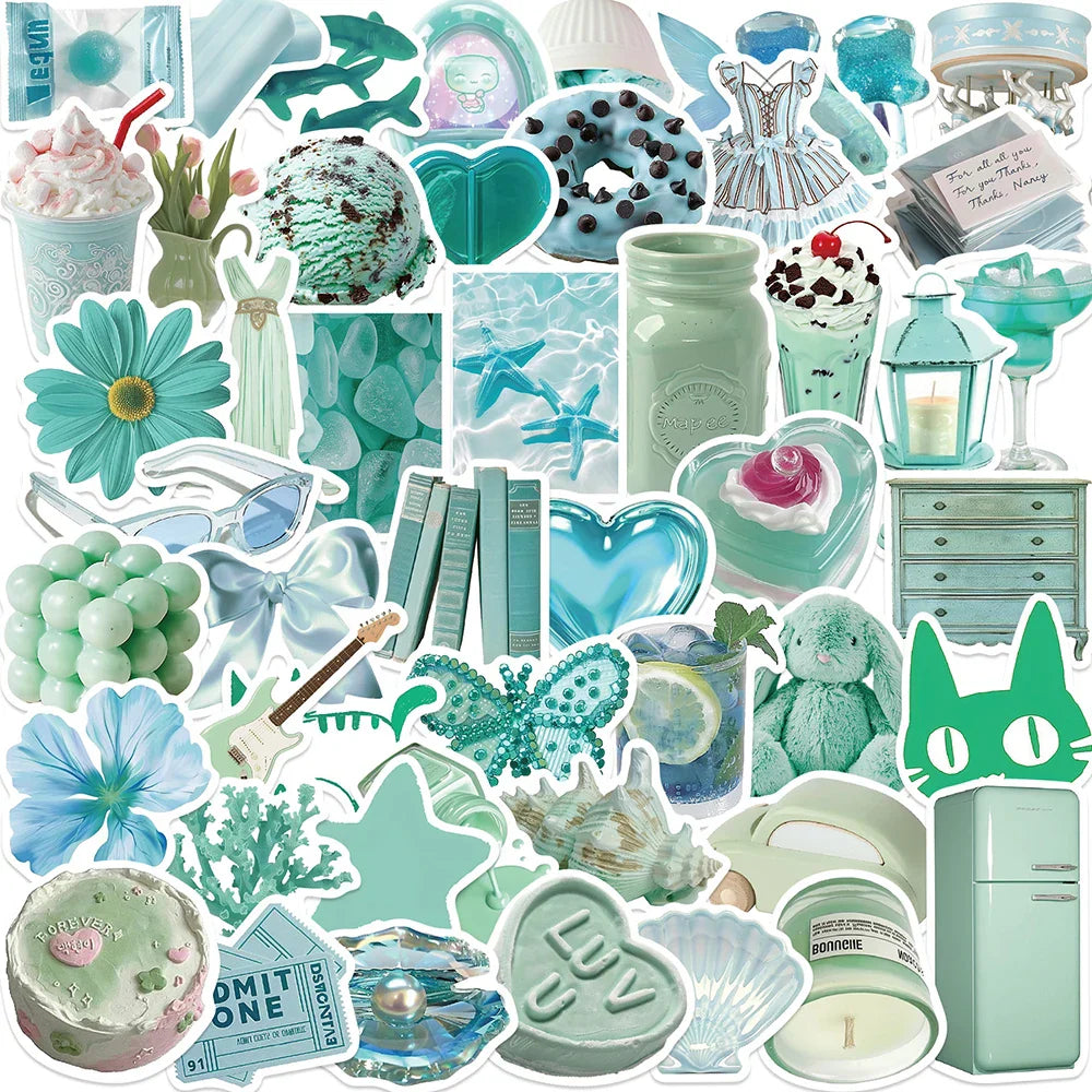 Mint Green Aesthetic Stickers 10/30/50pcs Waterproof Cartoon Decals for Skateboard Laptop Phone (Online Order Only)