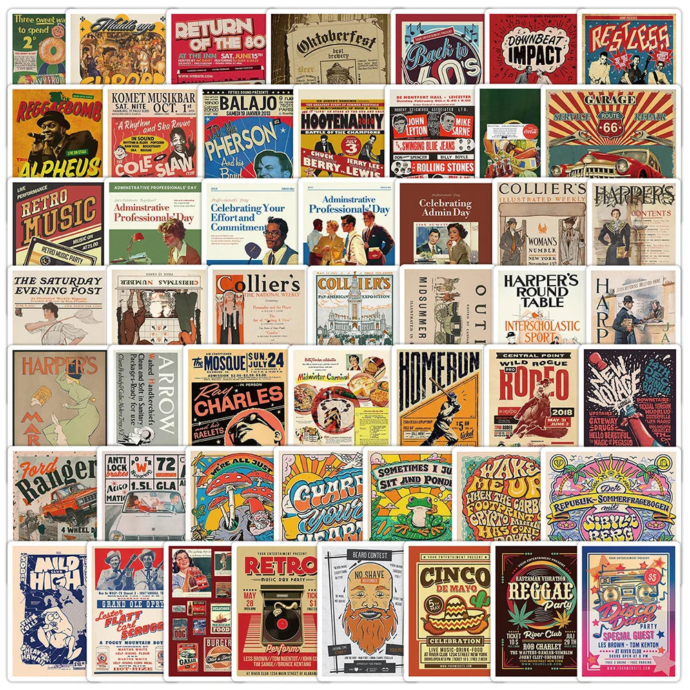 Vintage Poster Stickers: Cool Graffiti Decals for Skateboard, Notebook, Phone, Car, Kids Gifts (10/30/50PCS) (ONLINE ORDER ONLY)