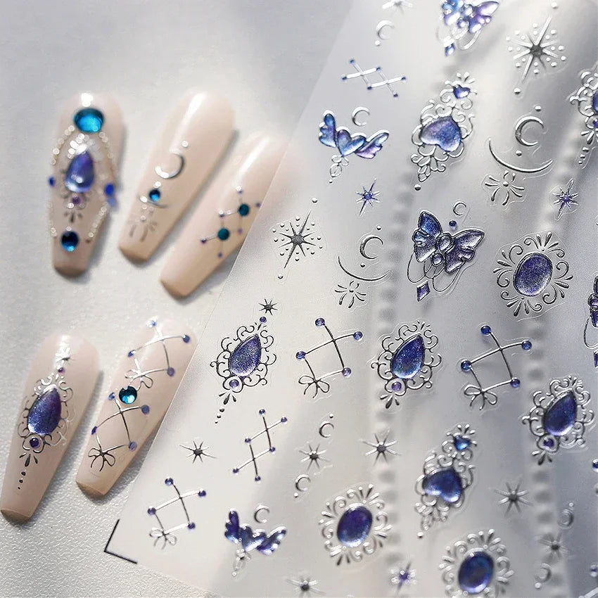 Romantic Purple Star Moon Butterfly Bowknot Retro Water Drop Gem Starburst Adhesive Nail Art Stickers Starlight Manicure Decals (ONLINE ORDER ONLY)