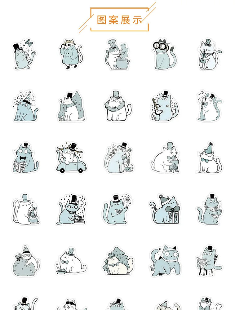 10/30/54PCS Cat Wearing a Hat Stickers Cute Cartoon Graffiti Kawaii Cat Sticker DIY Animal Decals Luggage Laptop Phone Guitar (Online Order Only)