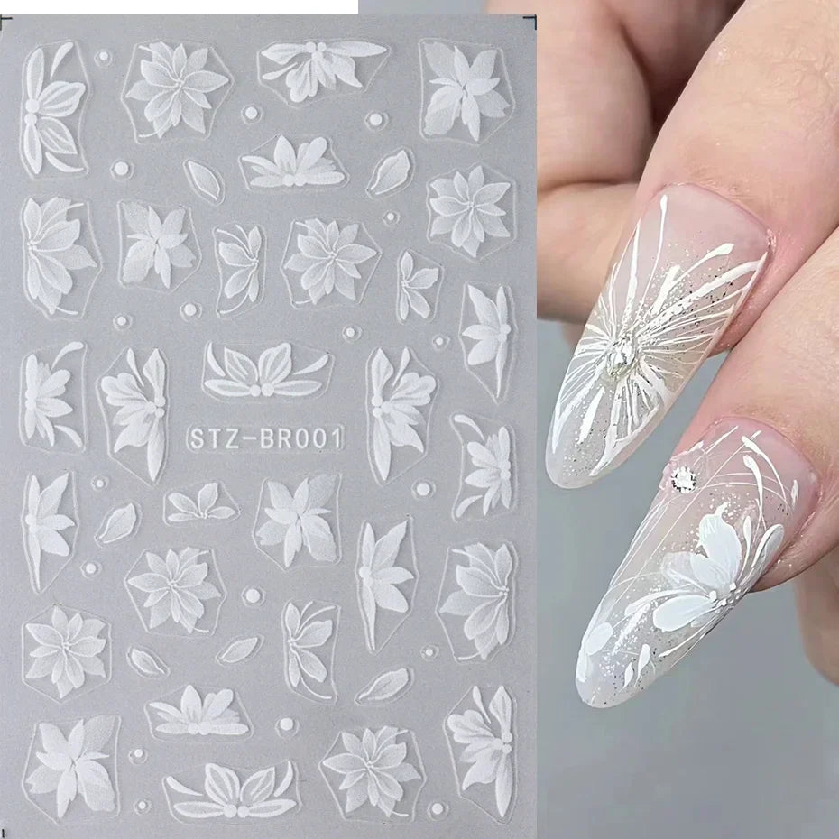 3D White Flower Nail Art Stickers Floral Adhesive Decals DIY Charms (Online Order Only)