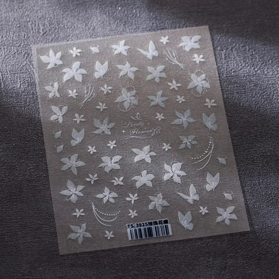Pure White Lily Petals Flower Butterfly Branch Leaves Line Minimalist Self Adhesive Nail Art Decorations Sticker Manicure Decals (ONLINE ORDER ONLY)