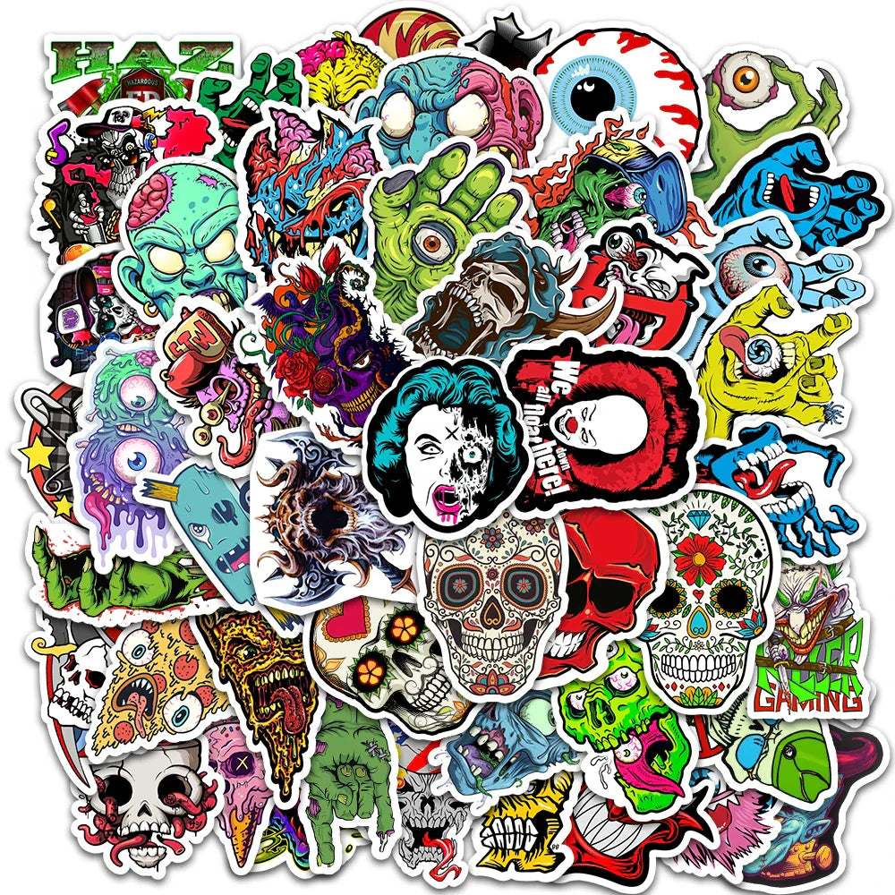 50Pcs Horror Skull Stickers for Luggage, Laptop, Helmet, Motorcycle, Graffiti (Online Order Only)