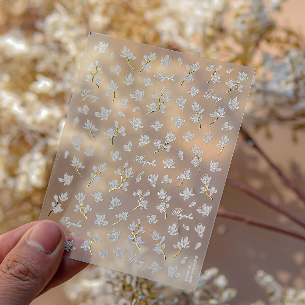 Translucent White White Pink Magnolia Rose Flower Floral Soft Embossed Relief Adhesive Nail Art Stickers Chic 3D Manicure Decals (ONLINE ORDER ONLY)