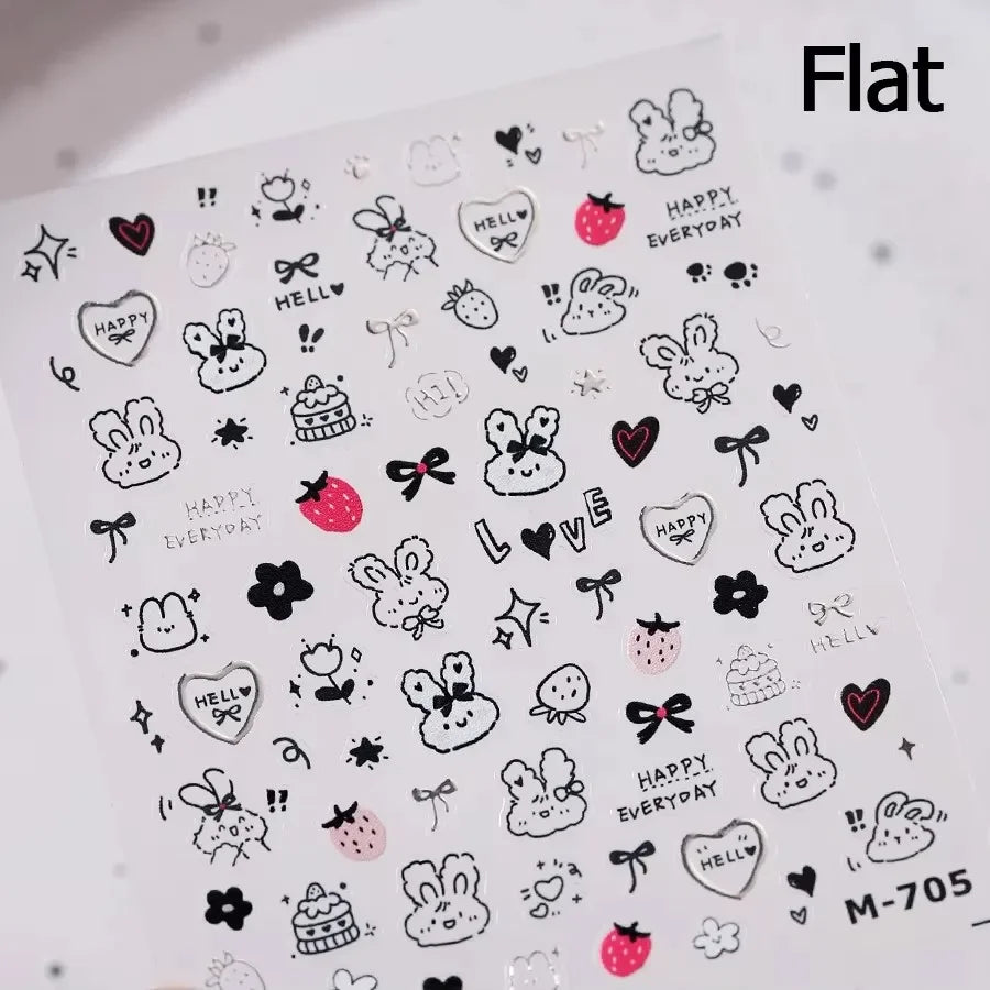 Dog Rabbit Line Bunny Footprint Bowknot Heart Cake Strawberry Flowers Bone Graffiti Adhesive Nail Art Stickers Manicure Decals (ONLINE ORDER ONLY)