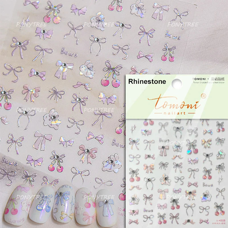 Shiny Pink Silver Gold Bowknot Tie Line Mini Delicate 3D 5D Self Adhesive Nail Art Stickers Embossment Rhinestone Manicure Decal (Online Order Only)