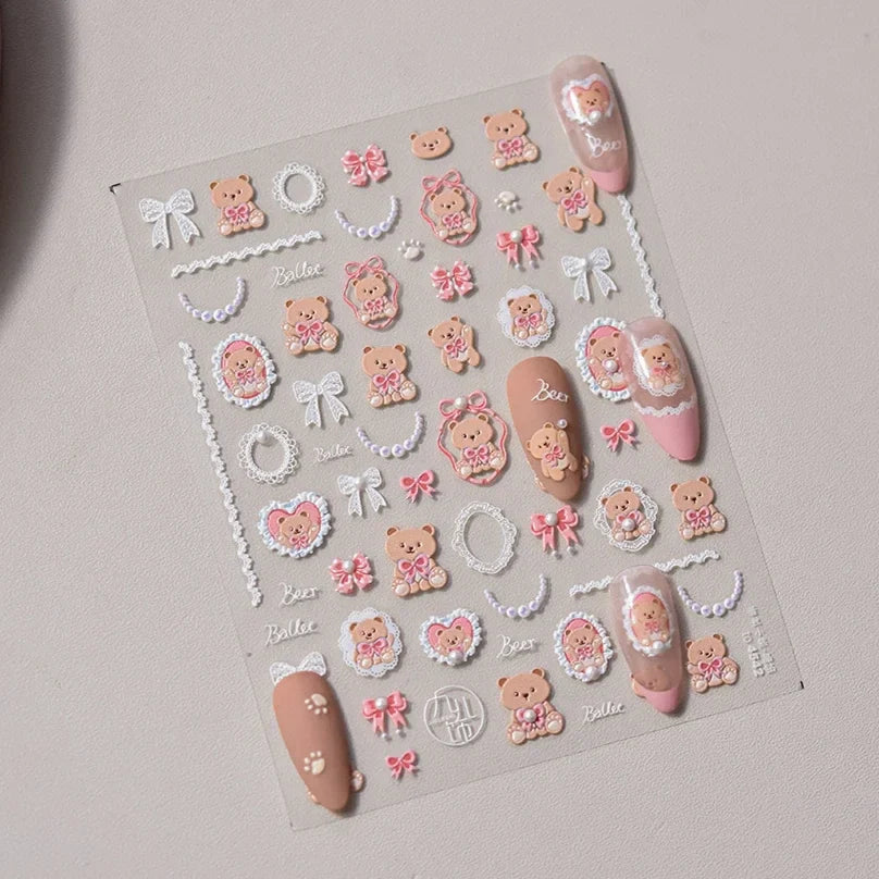 Retro Love Heart White Lace flower Bowknot Tie Pink Bear Flower Strawberry Adhesive Nail Art Stickers Rhinestone Manicure Decals (ONLINE ORDER ONLY)