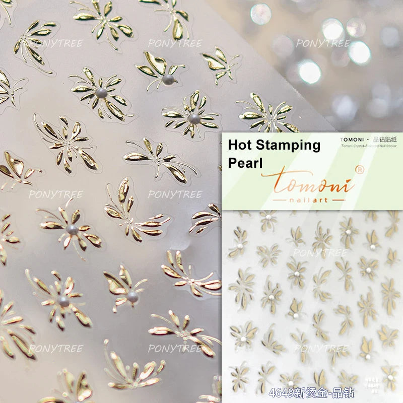 Gold Hot Stamping Flowers Leaves 3D 5D Pearl Bead Delicate Self Adhesive Nail Art Decorations Stickers Manicure Decals Wholesale (Online Order Only)