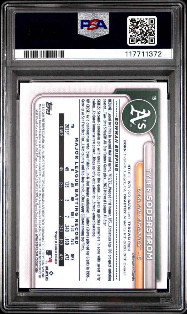 Graded 2024 Topps Bowman Tyler Soderstrom #15 Rookie RC Baseball Card PSA 10 Gem Mint (ONLINE ORDER ONLY)