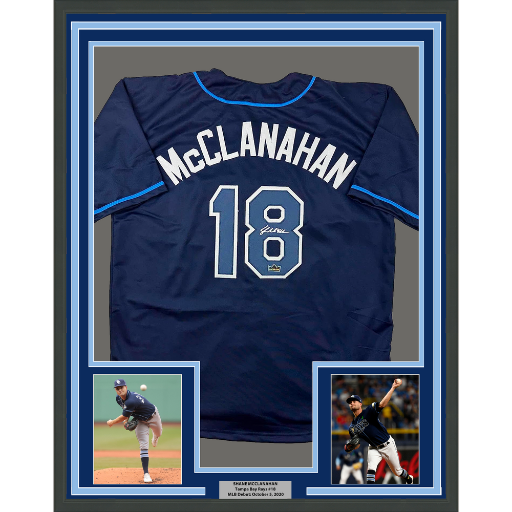 Framed Facsimile Autographed Shane McClanahan 35x39 Tampa Bay Navy Blue Reprint Laser Auto Baseball Jersey (ONLINE ORDER ONLY)