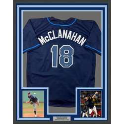 Framed Facsimile Autographed Shane McClanahan 35x39 Tampa Bay Navy Blue Reprint Laser Auto Baseball Jersey (ONLINE ORDER ONLY)