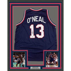 Framed Autographed/Signed Shaquille Shaq O'Neal 35x39 USA United States Blue Basketball Jersey PSA/DNA COA