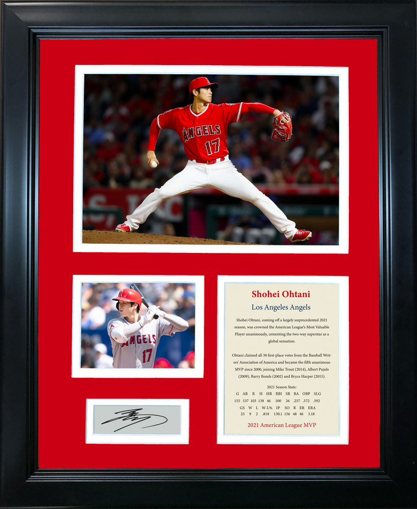 Framed Shohei Ohtani 2021 AL MVP Facsimile Laser Engraved Signature Auto Los Angeles Angels Baseball 11"x14"Photo Sig Collage (ONLINE ORDER ONLY)