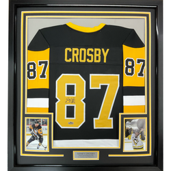 Framed Facsimile Autographed Sidney Crosby 35x39 Pittsburgh Black Reprint Laser Auto Hockey Jersey (ONLINE ORDER ONLY)