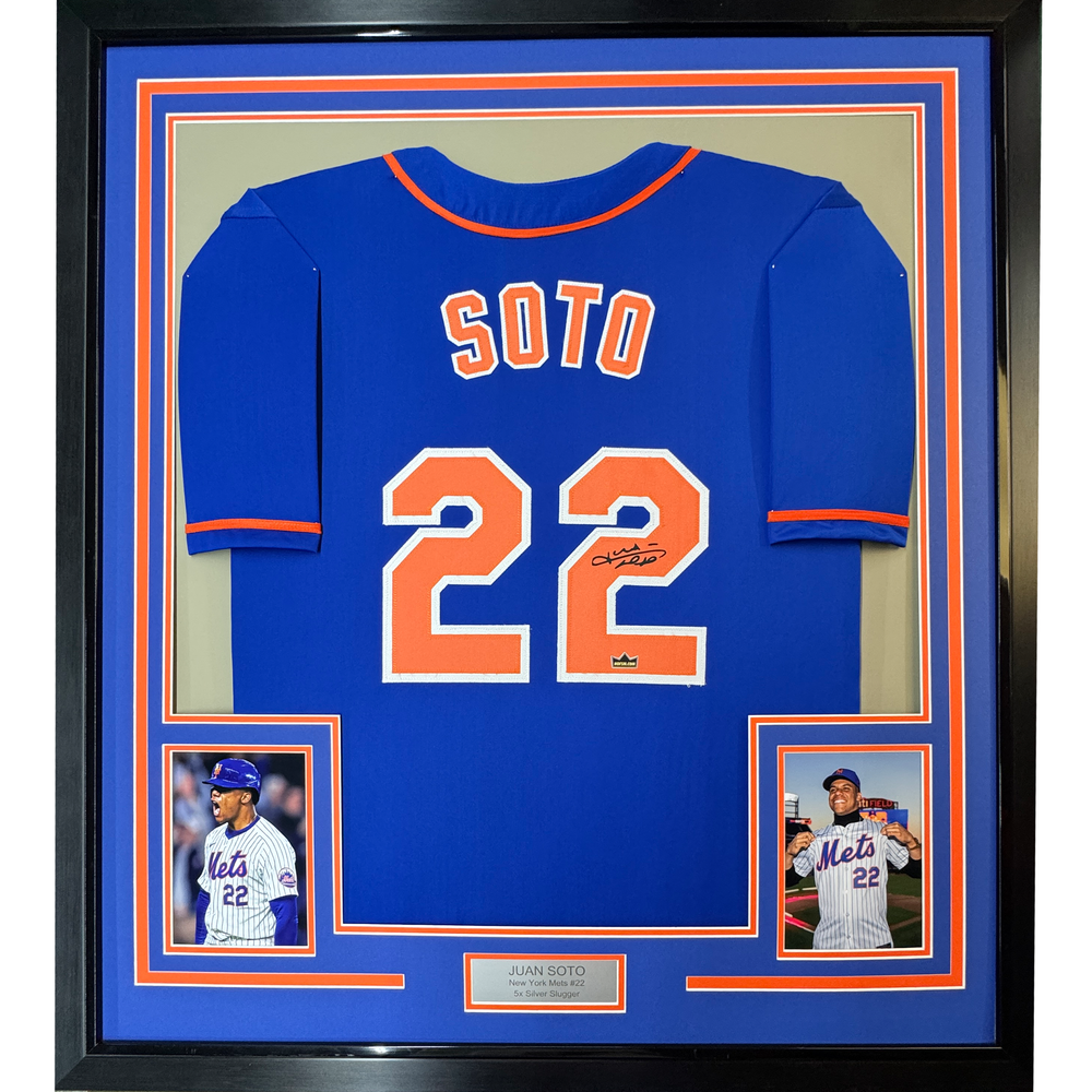 Framed Facsimile Autographed Juan Soto 35x39 New York Blue Reprint Laser Auto Baseball Jersey (ONLINE ORDER ONLY)