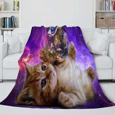Space Cat Astronaut Cat In Space Flannel Fleece Blanket Nap Wrap Blanket (Online Order Only)
