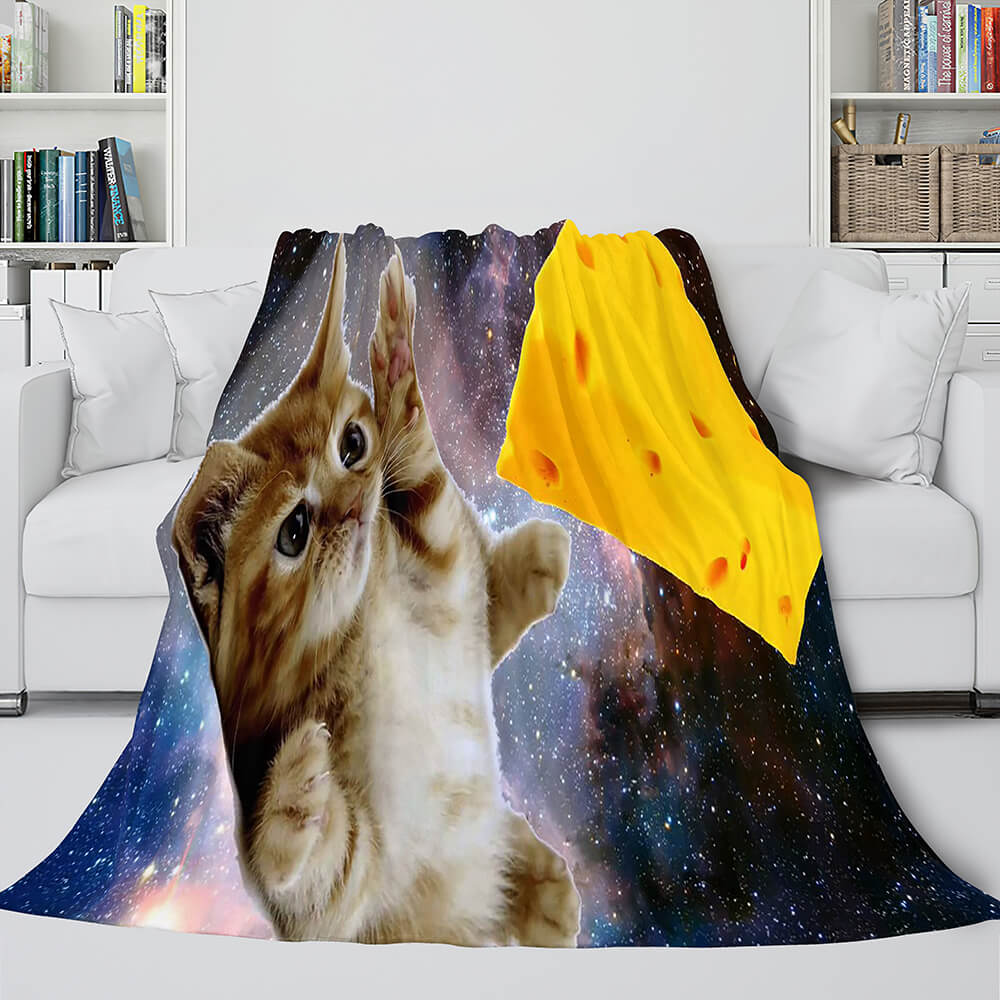 Space Cat Astronaut Cat In Space Flannel Fleece Blanket Wrap Blanket (Online Order Only)