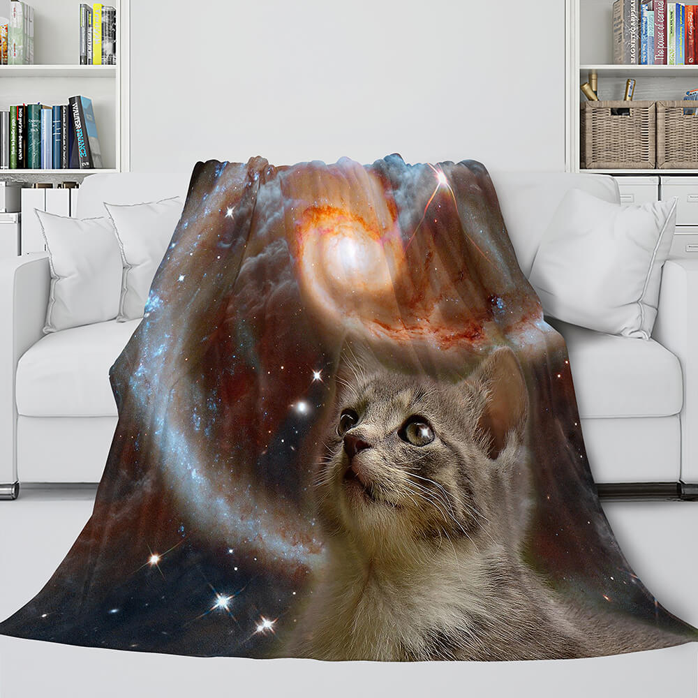 Space Cat Astronaut Cat In Space Flannel Fleece Blanket Wrap Blanket (Online Order Only)