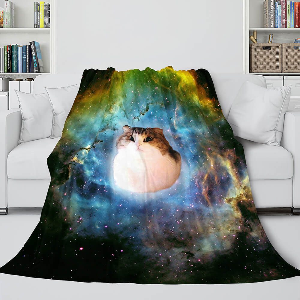 Space Cat Astronaut Cat In Space Flannel Fleece Blanket Wrap Blanket (Online Order Only)