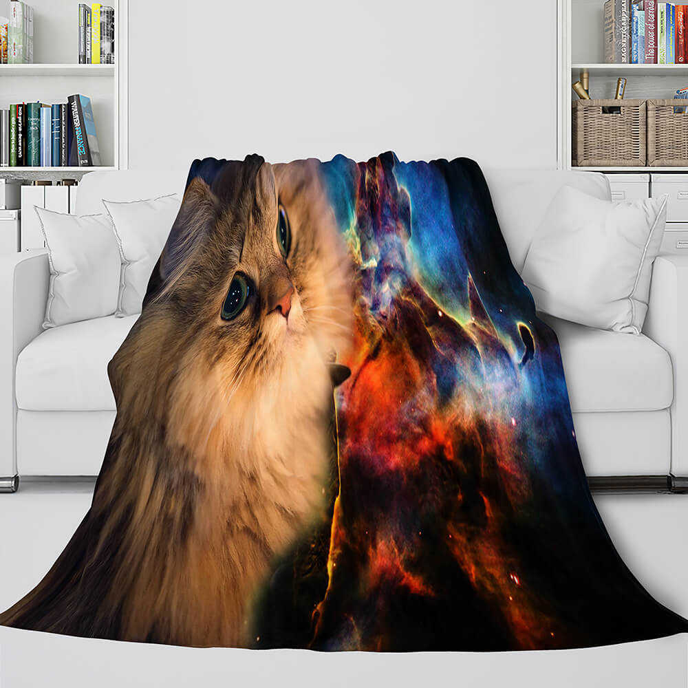 Space Cat Astronaut Cat In Space Flannel Fleece Blanket Wrap Blanket (Online Order Only)
