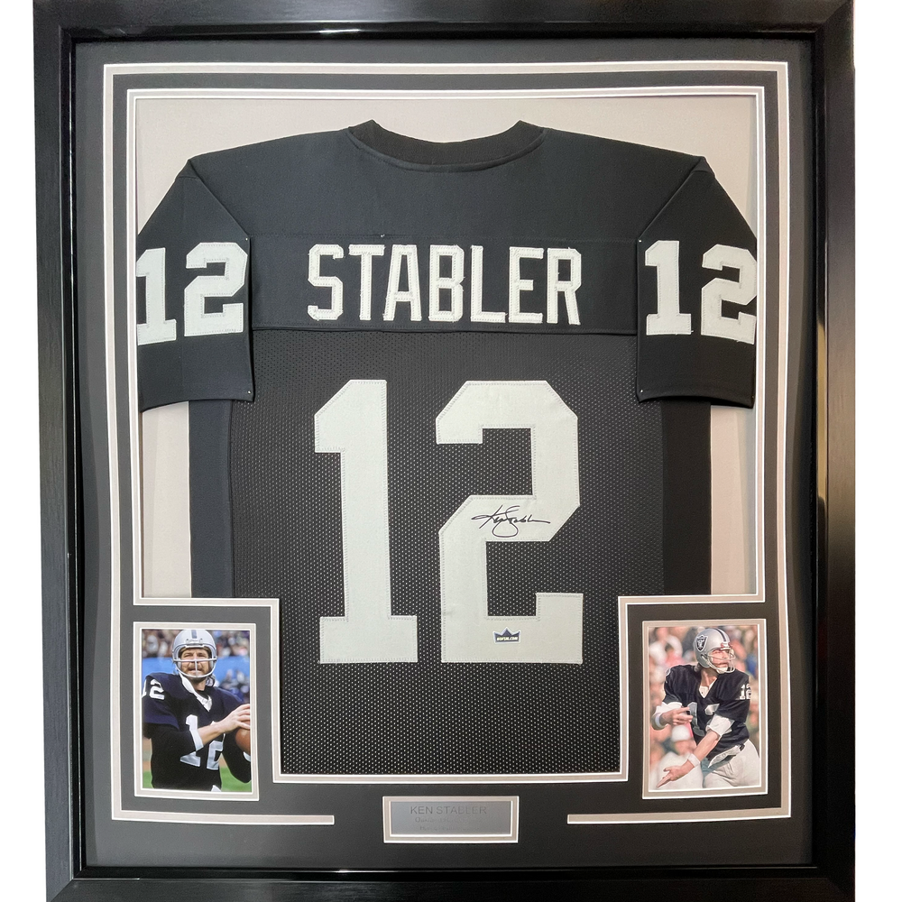 Framed Facsimile Autographed Ken Stabler 35x39 Oakland Las Vegas Black Reprint Laser Auto Football Jersey (ONLINE ORDER ONLY)