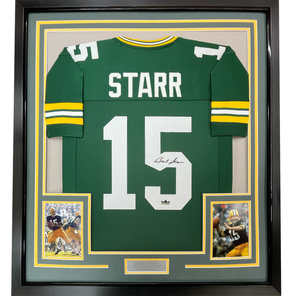 Framed Facsimile Autographed Bart Starr 35x39 Green Bay Green Reprint Laser Auto Football Jersey (ONLINE ORDER ONLY)