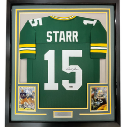 Framed Facsimile Autographed Bart Starr 35x39 Green Bay Green Reprint Laser Auto Football Jersey (ONLINE ORDER ONLY)