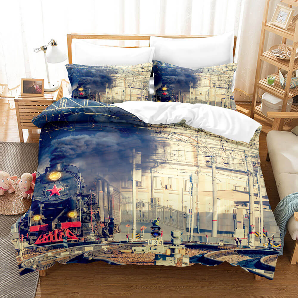 Steam Engine Train Bedding Set Rail Vehicles Quilt Covers Without Filler (Online Order Only)
