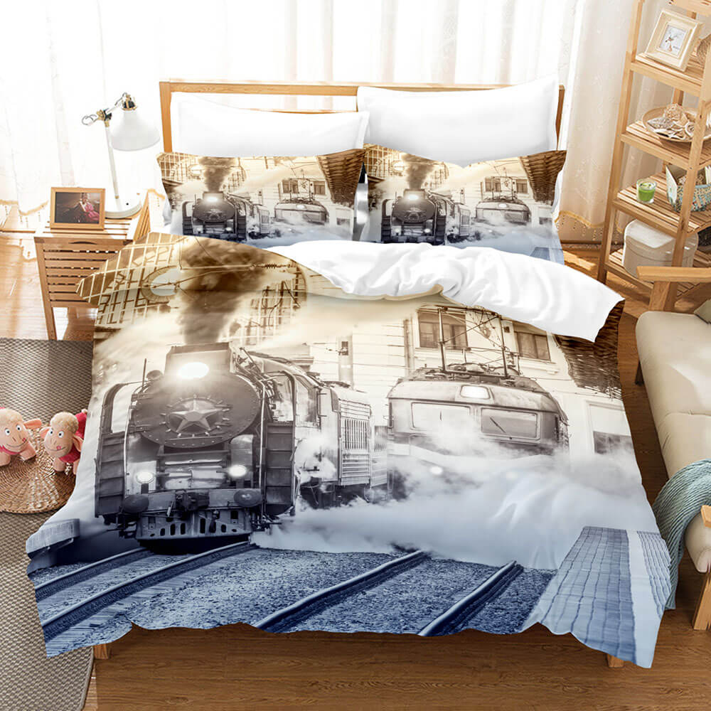 Steam Engine Train Vintage Locomotive Bedding Set Duvet Covers Pillowcases (Online Order Only)
