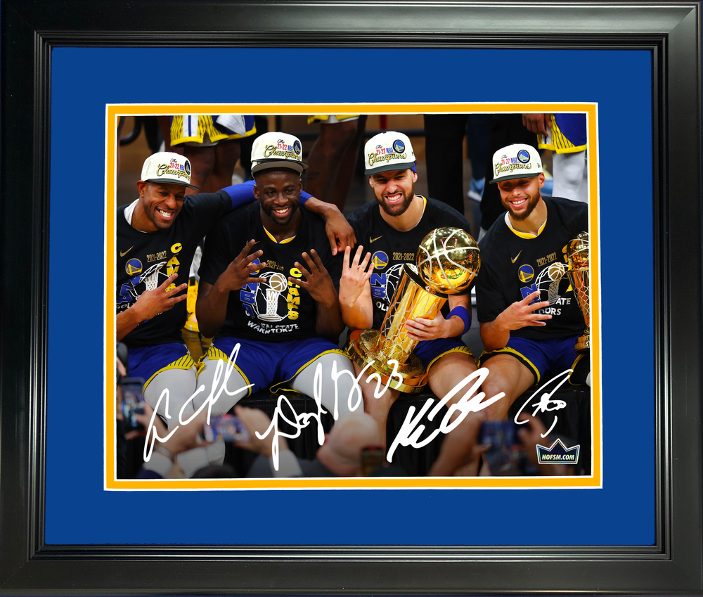 Framed Stephen Curry, Klay Thompson, Draymond Green & Andre Iguodala Facsimile Laser Engraved Signature Auto 11"x14"Basketball Photo HOFSM Holo (ONLINE ORDER ONLY)