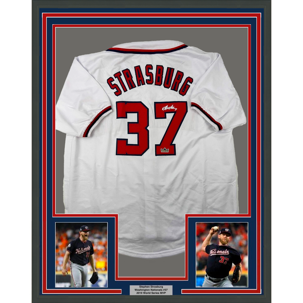 Framed Facsimile Autographed Stephen Strasburg 35x39 Washington White Reprint Laser Auto Baseball Jersey (ONLINE ORDER ONLY)